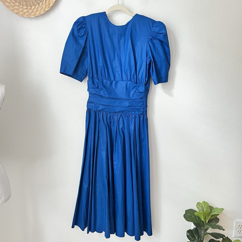 VTG 80s Handmade bright blue puff sleeve bow back midi tea dress party prom M
